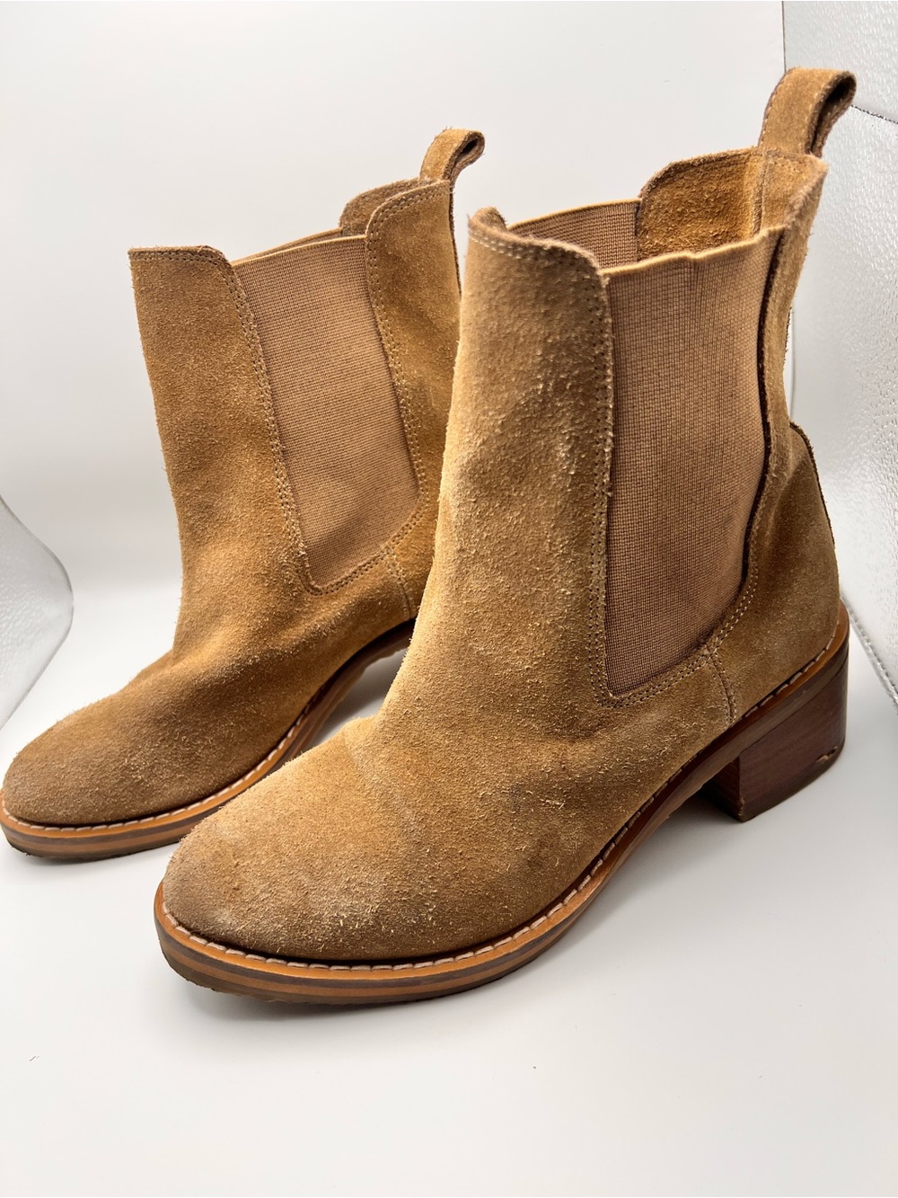 ROOLEE Tan Suede Chelsea Ankle Boots Women's Size 7 / 38 Stacked Block Heel